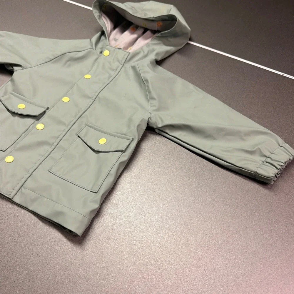 Wonder Nation Baby Raincoat Sage Green Hooded Smiley Face Lining 12M Rain Jacket